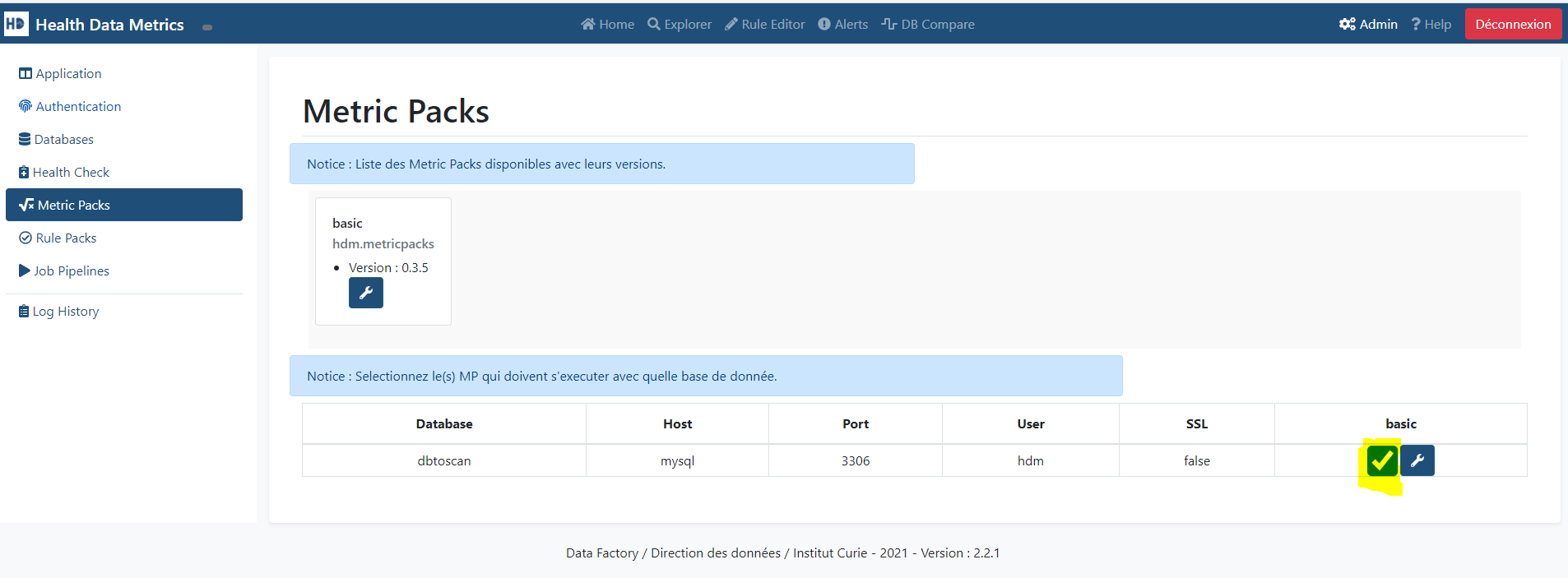 metric pack configuration page