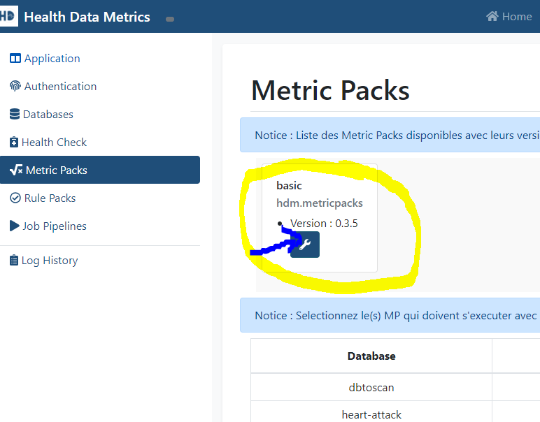 metric pack configuration page