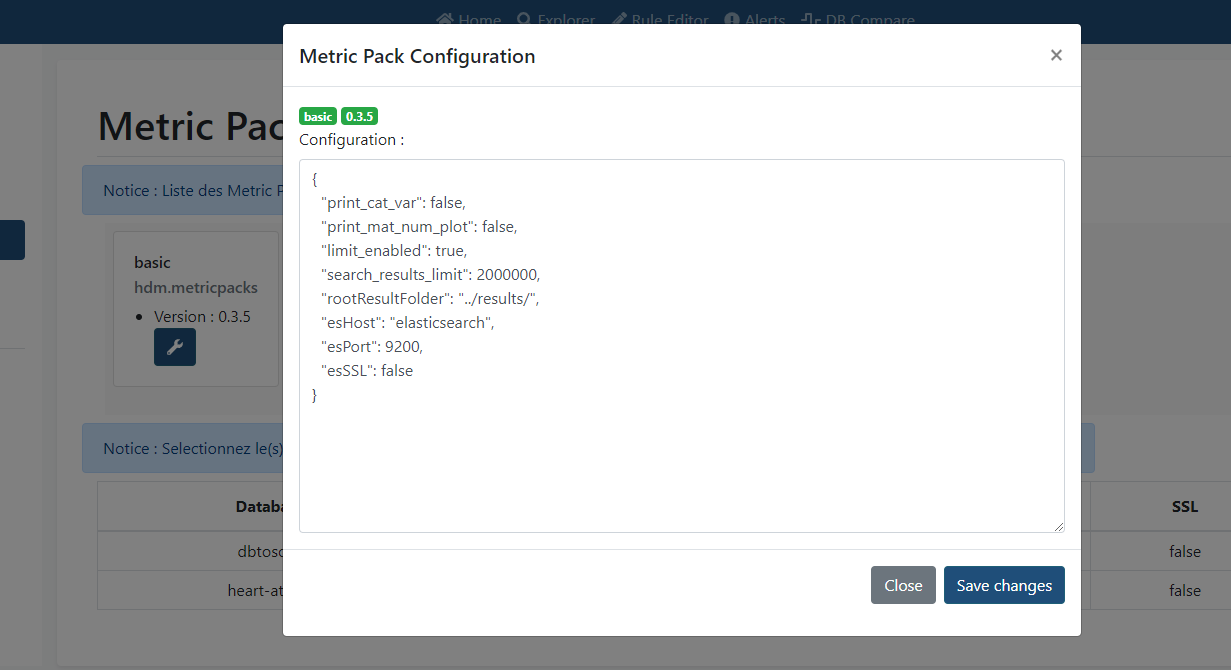 metric pack configuration page